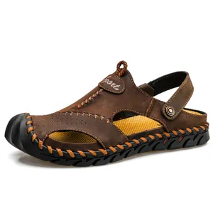 Men's Split Leather Sandals Hollow Out Breathable Beach Shoes Casual Two-Way Wear Slippers Hand-Stitched Non-Slip Footwear