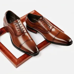 Men Real Leather Oxford Shoes Business Formal Cap Toe Dress Shoes Office Wedding Pointed Toe Wood Grain Heel Leather Shoes