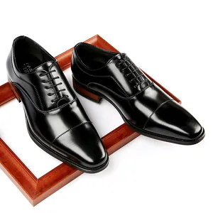 Classic black leather cap-toe Oxford dress shoes for men's business, office, and weddings