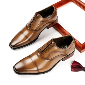 Classic brown genuine leather cap-toe oxford shoes for men business formal