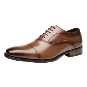 Classic brown leather Oxford dress shoes for men with cap-toe design and wooden heel