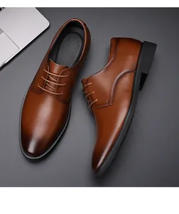Close-up detail of classic brown leather business dress shoes featuring burnished toe.