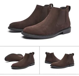 Various angles showing texture and design of men's dark brown suede Chelsea boots