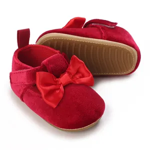 Red velvet baby pre-walker shoes with satin bow and soft anti-slip rubber sole