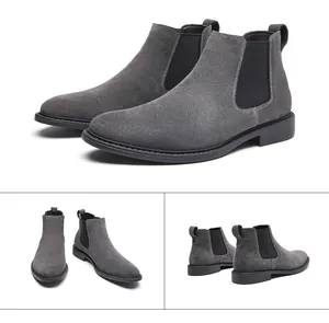 Detailed multi-angle views of men's grey suede Chelsea boots with elastic side panels.