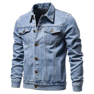 Detailed view of a men's slim-fit light blue denim jacket with metallic buttons