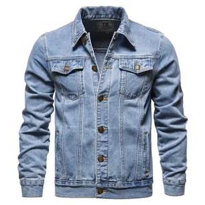 Classic light blue washed slim fit denim jacket for men featuring front button closure