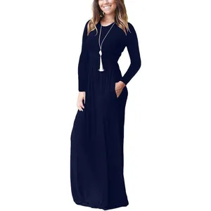 Elegant navy blue long-sleeved maxi dress with side pockets and floor-length design