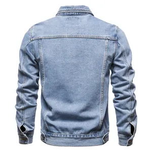 Classic light blue slim-fit denim jacket for men, detailed view of the back seams