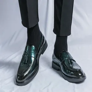 Men British Style Tassel Loafers Pointed Toe Patent Leather Crocodile Pattern Formal Dress Shoes Big Size Plus Size