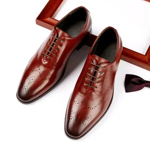 Elegant hand-burnished brown leather brogue wingtip shoes for men formal business wear