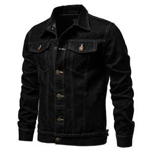 Detail view of a men's stylish black slim-fit denim jacket with white stitching details