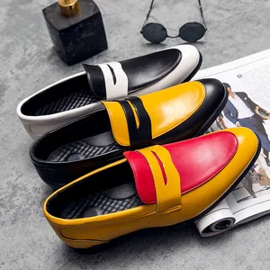 Stylish colorblock pointed-toe leather loafers for men in three vibrant color combinations