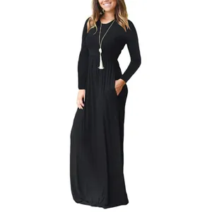 Full length view of black long sleeve maxi dress with pockets and round neck