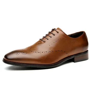 Classic men's brown leather brogue Oxford dress shoes with elegant hand-burnished finish