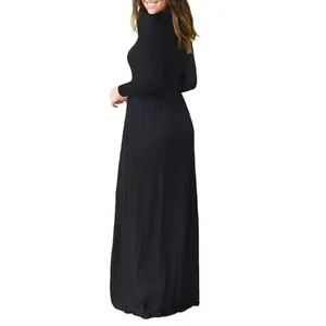 Elegant long sleeve solid black maxi dress with side pockets shown from the back view