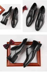 Multiple views of men's black formal leather business shoes with elegant stitching