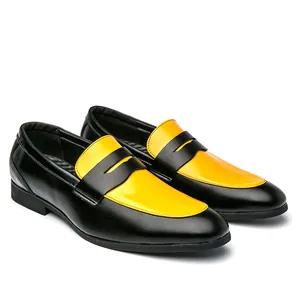 Stylish yellow and black color block pointed toe men's leather loafers for formal occasions