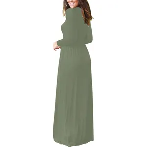 Detailed back side view of an elegant sage green long sleeve maxi dress with pockets
