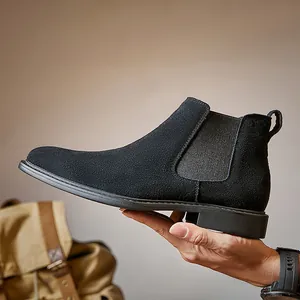 Men's British style Chelsea boots in black matte suede leather with elastic side