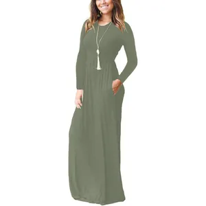 Elegant olive green long sleeve round neck maxi dress with functional side pockets