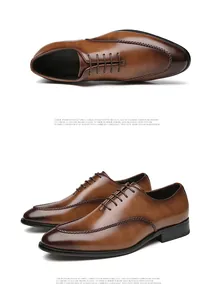 Detailed view of men's brown leather Oxford shoes with vintage burnished finish