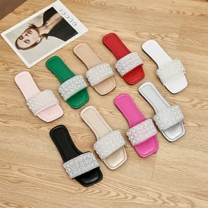 Elegant square toe flat slippers with pearl and rhinestone embellishments in 8 colors