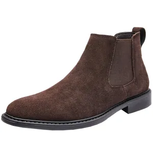 Men's premium dark brown suede Chelsea boots with elastic side panels and durable soles