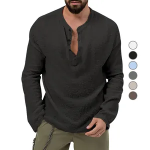 Close-up detail of men's casual long-sleeve Henley shirt in black crinkle textured fabric