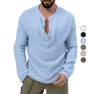 Men's Casual Seersucker Long Sleeve Shirt Henley Neck Loose Fit Breathable Solid Color Summer Casual Shirt Top