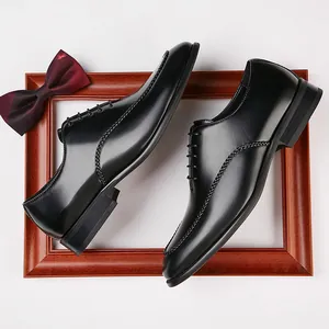 Men's black leather dress shoes with British style and braided detail