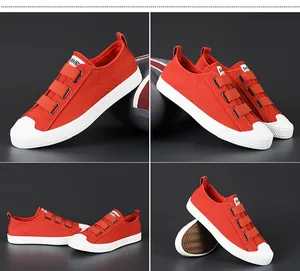 Vistas detalladas en múltiples ángulos de zapatillas de lona rojas con velcro para hombre