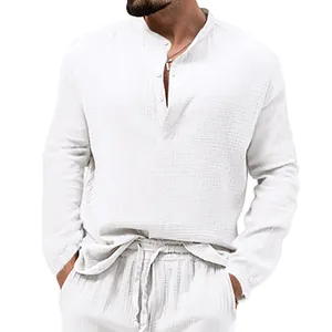 Men's white casual bubble crepe long-sleeved shirt featuring a relaxed fit and band collar