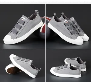 Vistas detalladas de zapatillas casual de lona gris para hombre con triple cierre de velcro