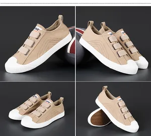 Zapatillas de lona caqui para hombre con triple cierre de velcro y puntera de goma.