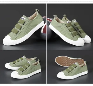 Detalles multi-ángulo de zapatillas de lona verde oliva para hombre con bandas elásticas