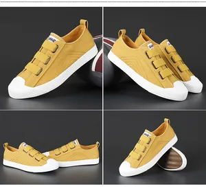Zapatillas casuales de lona amarilla para hombre con triple velcro y suela blanca