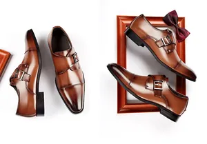 Macro view of brown leather monk strap business shoes featuring elegant metal buckles
