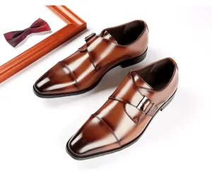 Premium brown leather double monk strap shoes with burnished toe detail for business