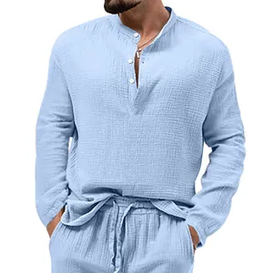 Men's light blue seersucker casual long sleeve shirt with matching linen trousers set