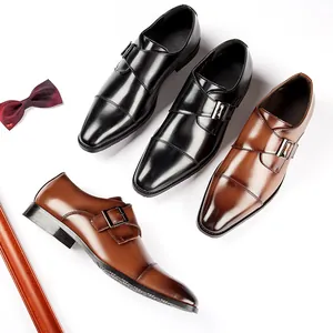 Men's double buckle monk strap leather dress shoes in black and brown colors.