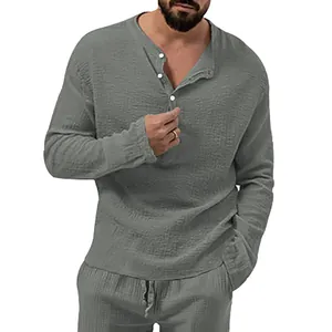 Premium men's casual seersucker long sleeve shirt and pants set in versatile grey