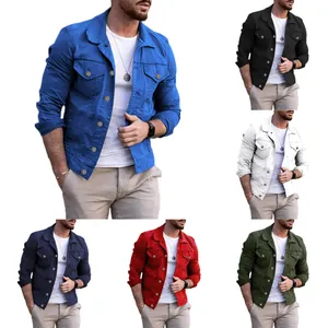 Classic men's slim-fit denim jacket with lapel collar featured in multiple solid colors