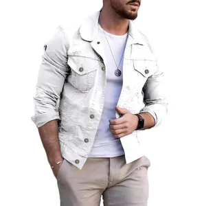 Detailed view of men's slim fit white denim jacket with lapel collar and metal buttons