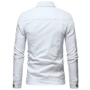 Detailed back view of a white slim fit denim jacket for men showing classic seams