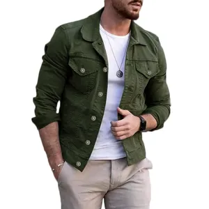 Close-up of a men's olive green slim fit denim jacket showing collar and button details