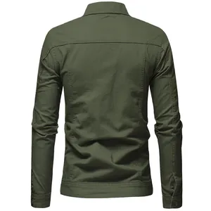 Back view of a slim-fit olive green men's denim jacket with stitch details