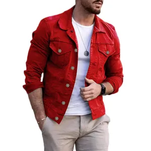 Red slim-fit denim jacket for men featuring classic lapel collar and front pockets.