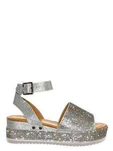 Side view detail of silver sparkly rhinestone platform wedge sandal with buckle strap
