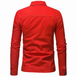 Back view of a vibrant red men's slim-fit denim jacket with tailored stitching